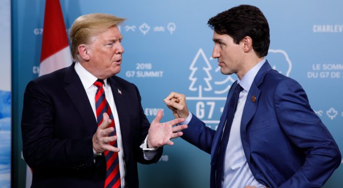 Donald Trump and Justin Trudeau speak at the G7
