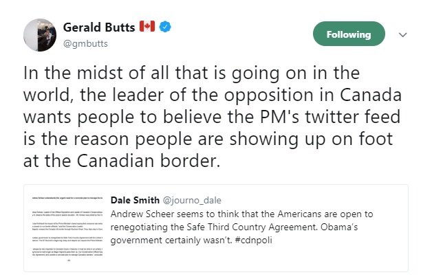 Gerry Butts tweeted against reality on the border issue.